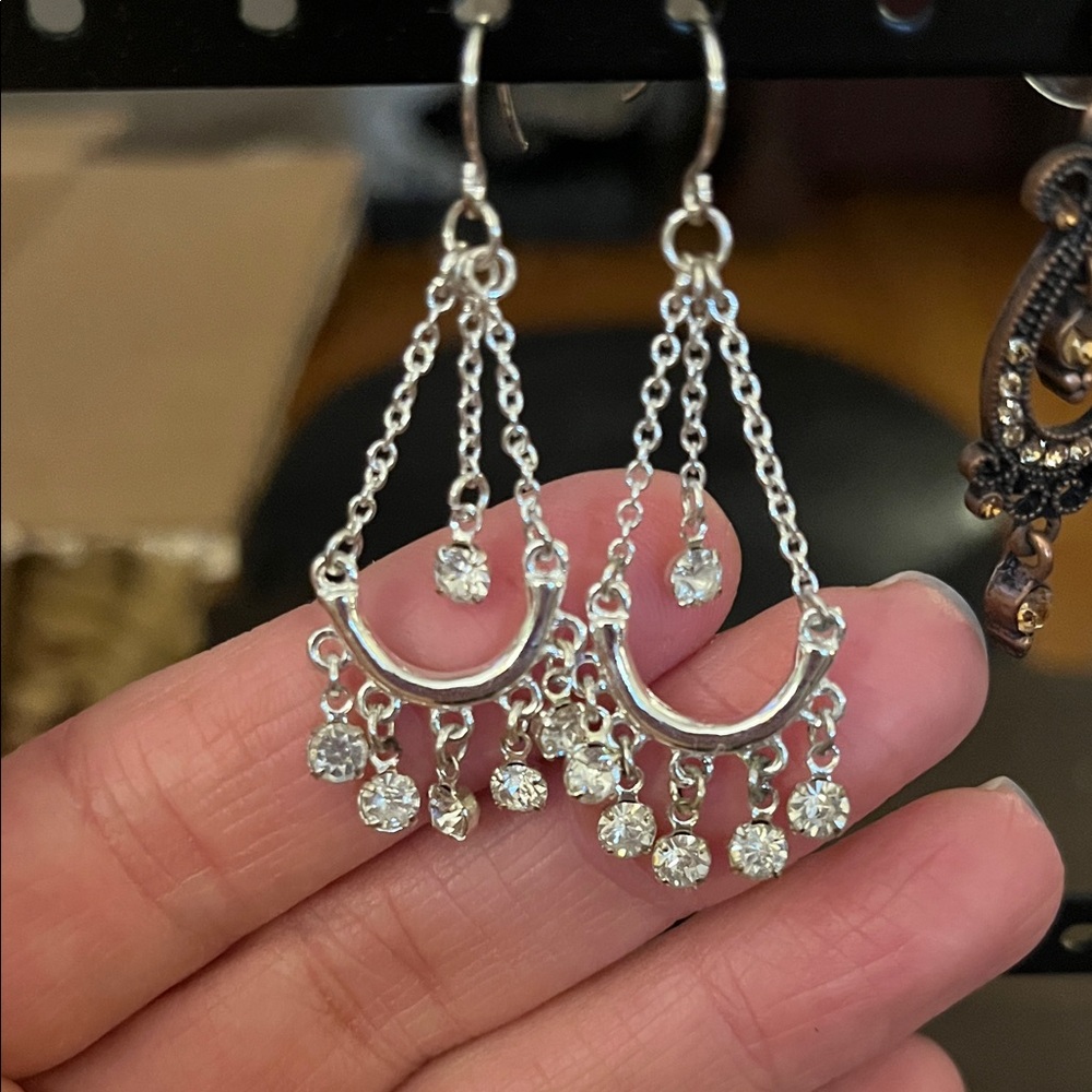 Silver-Tone Crescent Chandelier Earrings with Clear Crystals